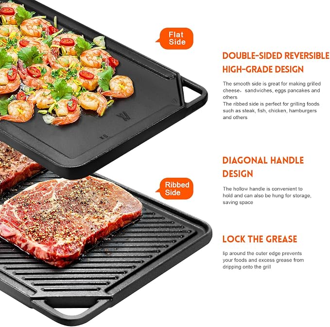 GGC Reversible Cast Iron Griddle, 20 x 10 Rectangular Griddle Pan | Double Sided Griddle Pan Perfect for Gas Grills, Stove Tops and Outdoor Cooking, Baking Flat and Ribbed Griddle Plate