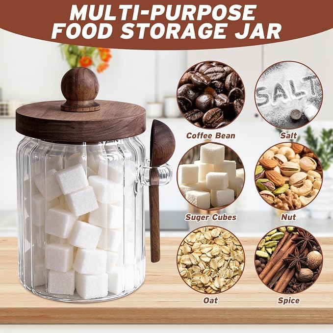 2 Pack 20oz Glass Brown Sugar Keeper Wooden Lid Canister | Farmhouse glass sugar keeper with spoon, airtight wooden lid 20oz, great for coffee bean, tea, baking spice kitchen storage