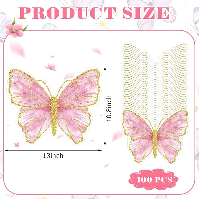Harloon 100 Pcs Butterfly Paper Placemats Disposable Colorful Butterfly Table Mats for Spring Summer Wedding Baby Shower Birthday and Holiday Party Kitchen Dining Table, 13 x 10.8 Inches (Pink)