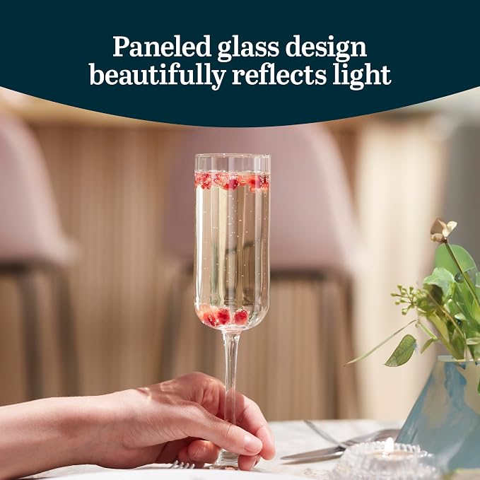 Libbey Paneled Champagne Flute Glasses, 7.5 Oz Fine Ribbed Line Champagne Glasses Set of 4, Dishwasher Safe Clear Glasses for Champagne