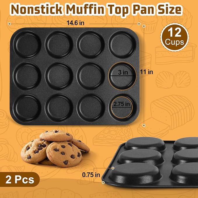 E-far 12-Cavity Muffin Top Pan, 3 Inch Nonstick Shallow Cupcake Pan for Yorkshire Pudding, Eggs, Whoopie Pie, Cornbread, Easy Release & Clean, Standard Size, 2 Pack