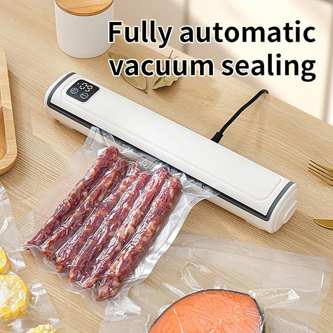 Vacuum Sealer with Compact Build, One-Touch Automatic Sealing Cycle (10-20 Seconds), Dry/Moist/Wet/Cold Food Modes, Includes 10 Vacuum Sealer Bags and Built-in Cutter for Easy Length Adjustment