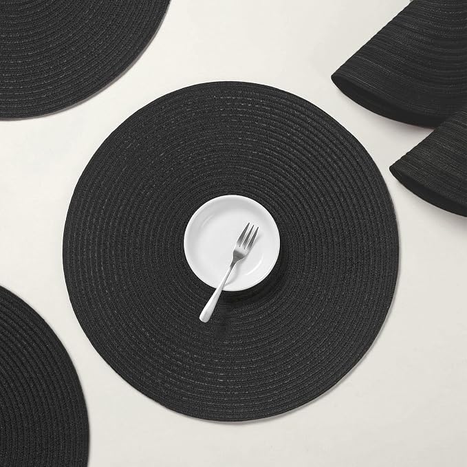 AHHFSMEI Round Braided Placemats Set of 6 Woven Table Mats for Dining Table Heat Resistant Easy to Clean Perfect for Kitchen & Home Decor (Black)