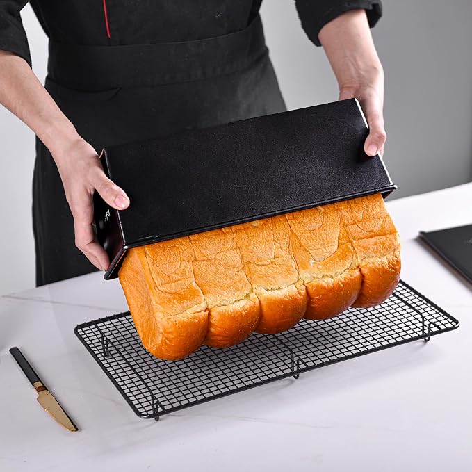 Commercial Pullman Loaf Pan with Lid, 2.2Lb Aluminum Dough Capacity Non-stick Rectangle Flat Toast Box for Oven Baking 13.6"×5.4"×4.7"(Black)