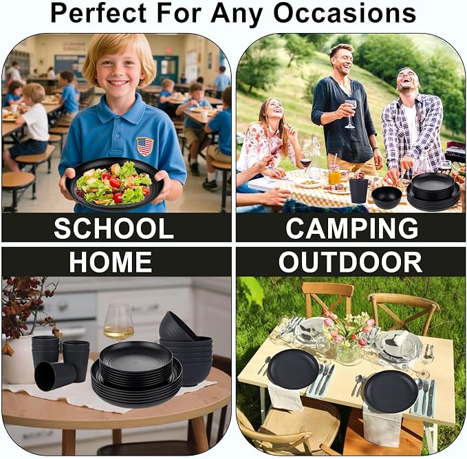 24pc Black Wheat Straw Dinnerware Set, Unbreakable Dish Set for 6 | 24pc matte black wheat straw dinnerware set for 6. Lightweight, unbreakable, microwave & dishwasher safe kitchen dish set.