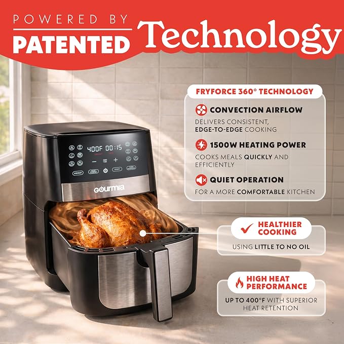 Gourmia 8 Qt Digital Air Fryer GAF826 – XL Capacity with 12 One-Touch Presets, Nonstick Dishwasher Safe Basket, Oil-Free Cooking, ETL-Certified, Sleek Black Finish