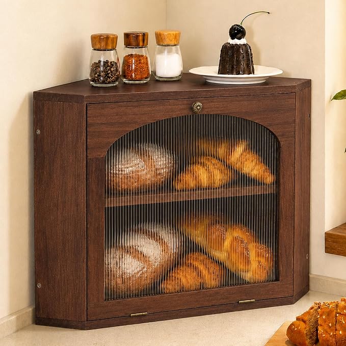 Corner Bread Box for Kitchen Countertop, Solid Wood, Walnut | 2-Tier Large Capacity, Wooden Bread Box, Vintage Farmhouse Breadbox, Pine Wood, Bread Storage Container, Adjustable Shelf