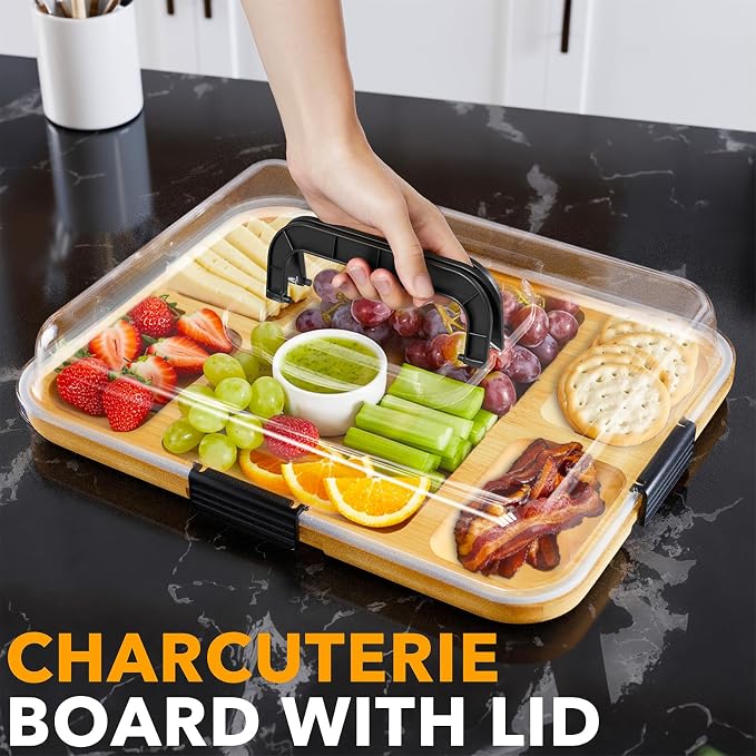 SpaceAid Charcuterie Board with Clear Lid, Portable Travel Cheese Cutting Boards for Picnic Accessories, Bamboo Serving Tray with Lids, House Warming Gifts, Black Handles, 5 Compartments