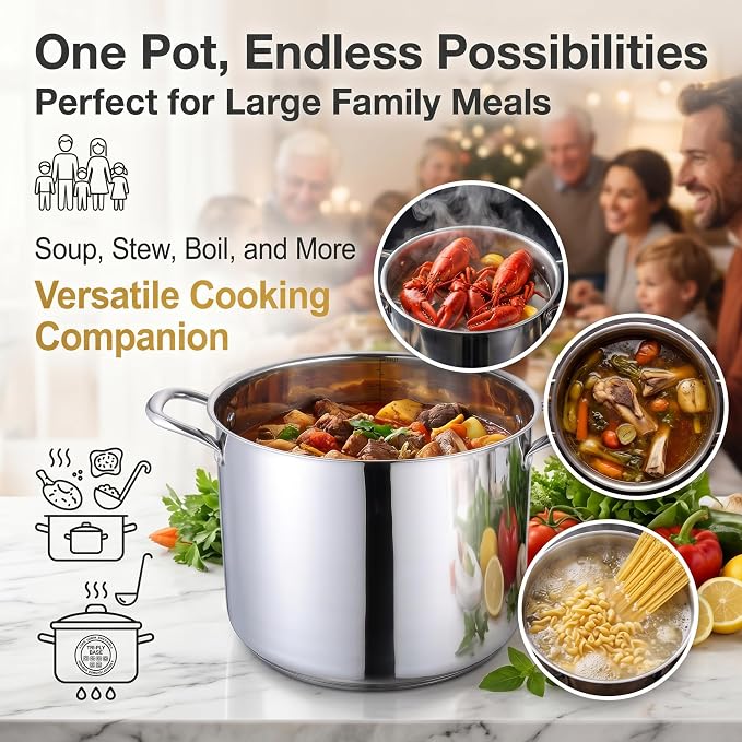 Homikit Large Stock Pot 14 Quart, Stainless Steel Chicken Soup Pot with Lid for Canning Steaming Stewing, Tri-ply Heavy Bottom Cooking Boiling Pasta Induction Stockpot, Dishwasher Safe