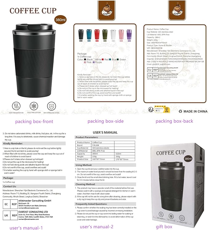 YINJAM 12oz Travel Coffee Mug Insulated Coffee Cups to Go with Leakproof Lid Vacuum Stainless Steel Double Walled Thermal Car Coffee Tumbler for Hot Cold Iced Tea Drinks Reusable (Black, 12oz) | 380ml Reusable Leakproof Camping Tumbler with Lid for Hot...