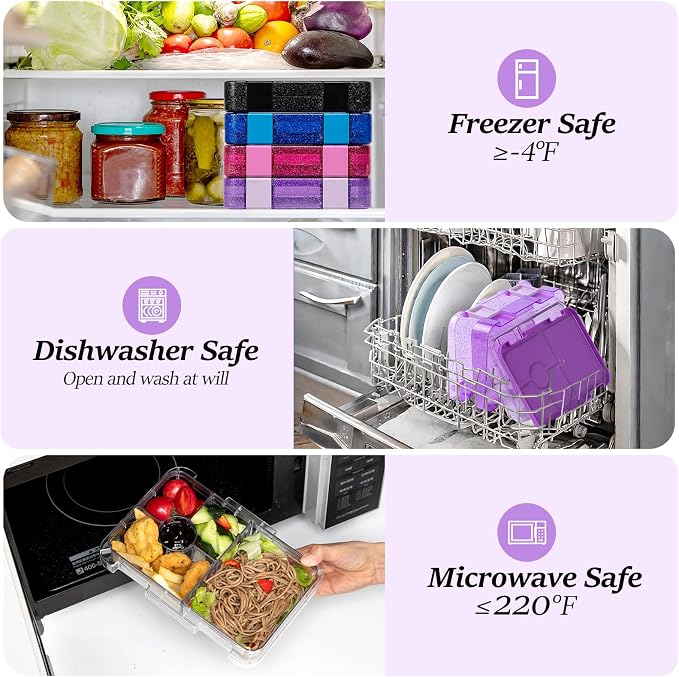 Bento Lunch Box for Kids, 5/6 Compartments, Shiny Purple and Clear | Dishwasher Safe Back to School Snack Bento Lunch Containers Boxes, Ideal Portion Sizes for On-the-Go Meal, Ages 3+, School