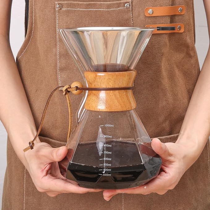 Pour Over Coffee Maker 34 OZ, 10 Cup Borosilicate Glass Drip Coffee Maker with Reusable Stainless Steel Filter and Cork Grip for Home Café 1000 ML (Diamond Shape)