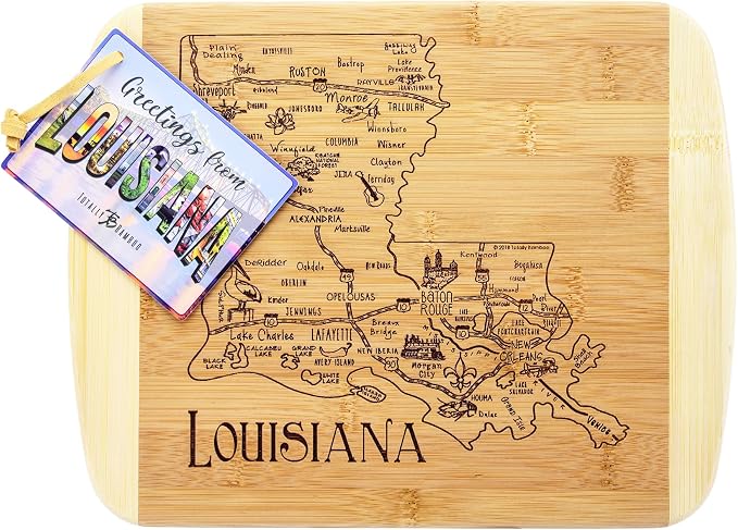 Totally Bamboo A Slice of Life Louisiana Engraved Map Cutting Board | 11” x 8.75” charcuterie board with engraved state map artwork. Smooth reverse side for food prep. Hang tie for wall display.
