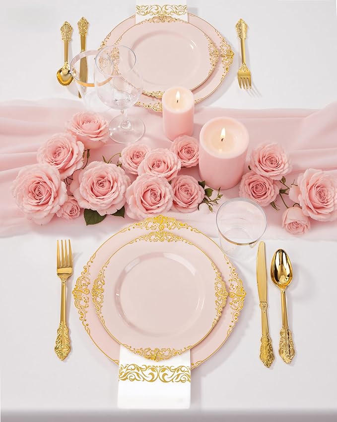 Nervure 175Pcs Pink Plastic Plates, Disposable Party Plates for 25 Guests | 25 7.5" Dessert & 25 10.25" Dinner Plastic Plates, 75 Gold Cutlery, 25 9oz Cups, 25 Napkin for Wedding & Party, BPA-free