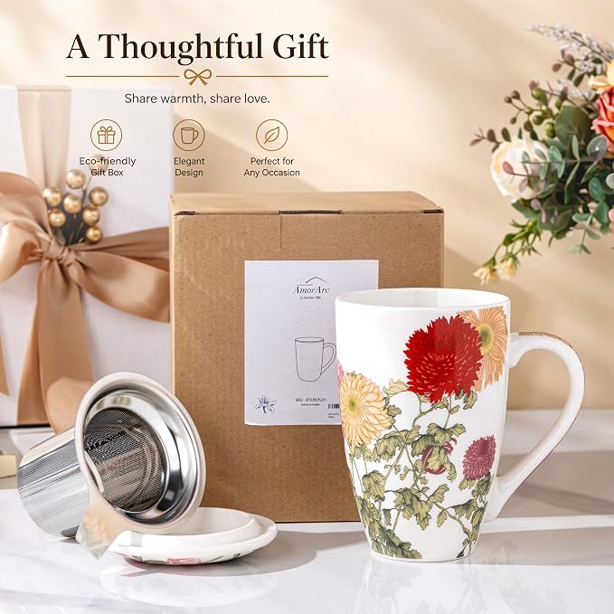 AmorArc Tea Cup With Infuser and Lid, 18oz Loose Leaf Tea Mug With Steeper | Porcelain Tea Mug With Infuser and Lid, Strainer Tea Cup for Tea Lovers, Home & Office, Housewarming Birthday Gift