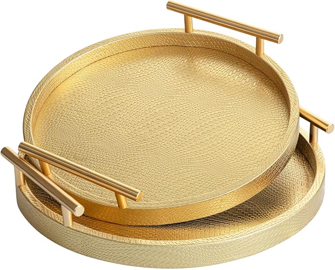 2 Piece Golden Round Serving Tray with Handles, Woven-Texture Faux Leather Ottoman Tray for Living Room, Decorative Tray for Coffee Table Home Decor