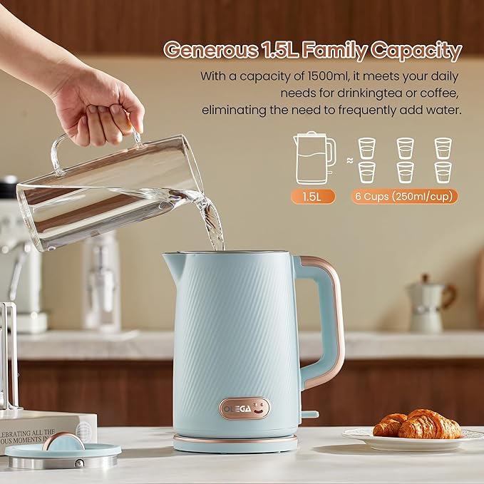 OLEGA Electric Kettle: 1200W Fast Boil Tea Kettles with Tea Infuser 1.5L | Stainless Steel Kettle; Electric Water Kettle with Strainer; Plastic Free Teapot; Auto Shut-Off Water Boiler