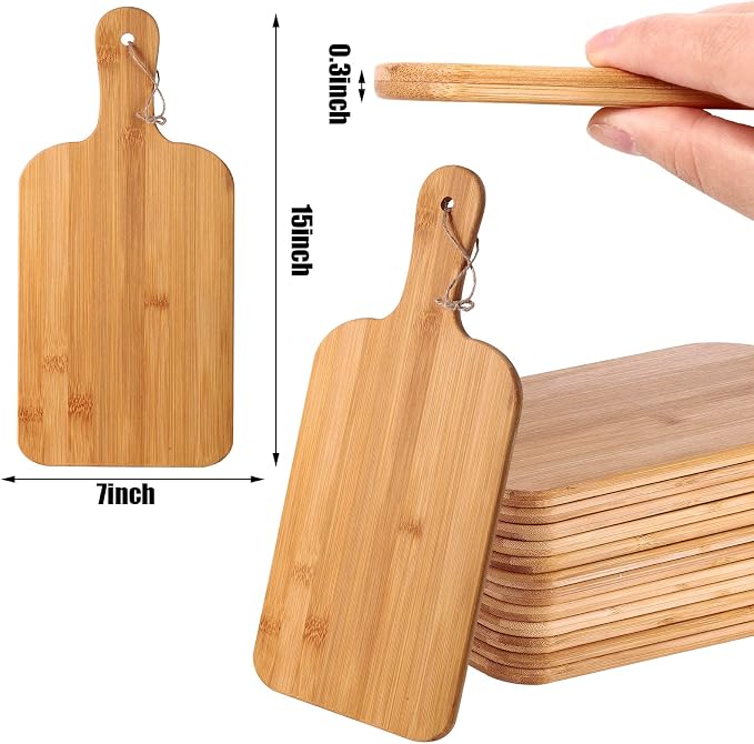 Patelai 12 Packs Wooden Cutting Board Set with Handles 15 x 7 Inch Large Kitchen Serving Plain Chopping Board Bulk Gifts for Mom for Vegetables Meat Pizza Cheese Fruit Bread(Bamboo)