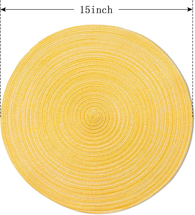 FunWheat Round Braided Placemats Set of 6 Place mats for Dining Tables Woven Heat Resistant Table Mats 15 inch (Yellow)