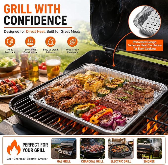 CYEAH 16 x 12 in Large Aluminum Foil Grill Topper Pans, 20 Pcs BBQ Grill Topper Pan with Holes, Non Viscous Aluminum Foil BBQ Grilling Tray for Cooking & Camping, No Clean Up Required