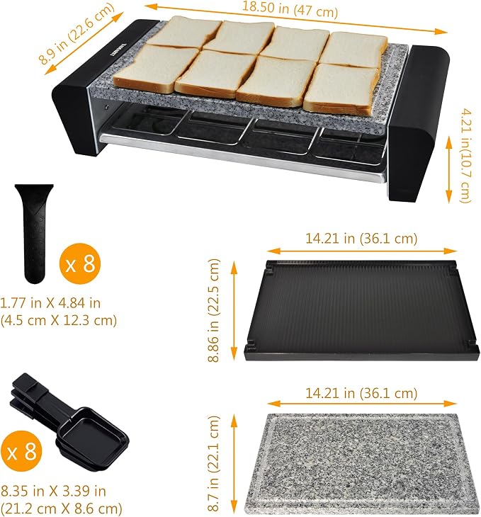 TAMARIT Raclette Grill with Extra Stone Plate, Indoor Electric Table Grill | Dual grill: reversible cast aluminum plate and granite stone, 8 nonstick cheese trays, 1300W, for 4- 8 person family parties