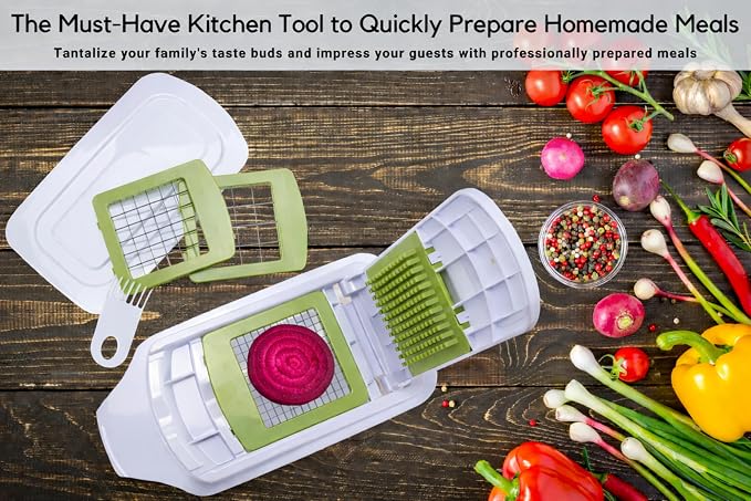 Brieftons QuickPush Manual Vegetable Chopper: 8-Cup Push-Down Onion Dicer & Food Chopper, 3 German Steel Blades, BPA-Free Container with Keep-Fresh Lid and Cleaning Comb - Manual, Dishwasher Safe