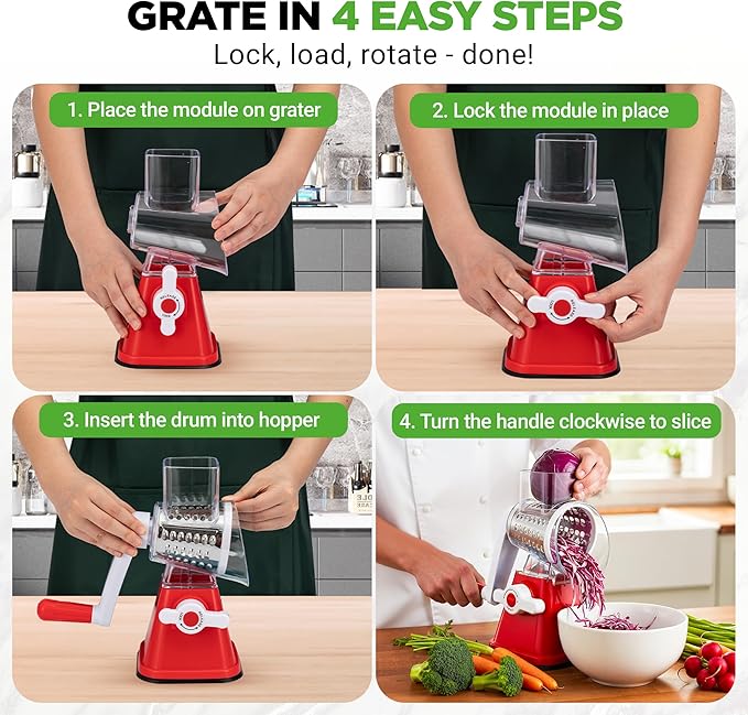 Nutrichef 3 in 1 Cheese Grater & Shredder | Strong Suction Base, Rotary Handle with Safety Lock | Includes Hand Crank & 3 Drum Blades for 3 Textures, Fine, Medium & Strips | Red