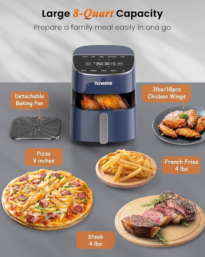 Nuwave Brio Plus Air Fryer 8 Qt, New & Improved, PFAS-Free Ceramic Coating | 7 Digital One-Touch Modes: Air Fry/Bake/Roast/Dehydrate/Toast/Reheat/Preheat; 150 Presets; 50–400°F; 700/1500/1800W; DeepBlue
