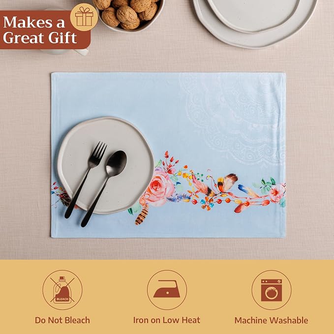 Maison d' Hermine Placemats Set of 4 Reusable 100% Cotton (13"x19") | Cloth Place Mats Washable Table Mats for Kitchen Dining Party Wedding Hotel Home Restaurant Spring Summer - Ibiza - Blue