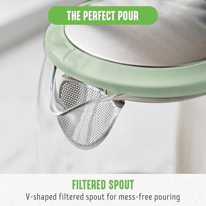 GreenLife 1.7 Liter Electric Glass Kettle, Sage Green | Glass Body, Auto Shutoff, Thermal Shock Resistant, Quick Heating, Easy One Touch Use, Cordless Serving, LED Base, Coffee/ Tea