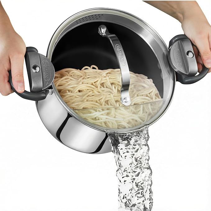GOTHAM STEEL 5 Qt Stainless Steel Stock Pot Multipurpose Pasta Pot | With Strainer Lid + Twist and Lock Handles, Cooking Pot for Soup, Spaghetti, Rice, Induction Compatible, Dishwasher Safe