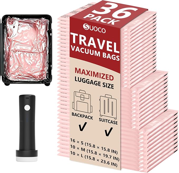 Travel Vacuum Bags for Clothing with Rechargeable Pump 36 Combo, Pink | Compression Packing Cubes Organizer Storage for Luggage Suitcase, Space Saver Seal Bags for Vacation Cruise