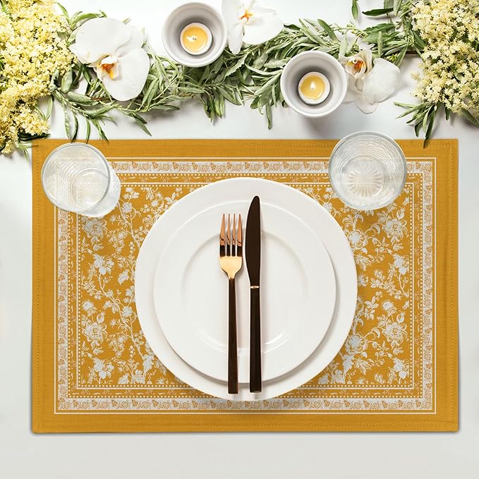 Rustic Yellow Vintage Flowers Placemats Set of 4，Chinoiserie Floral Branches Decoration Table Mat Washable Non-Slip Place Mats 12 x 18 Inch for Party Kitchen Dining