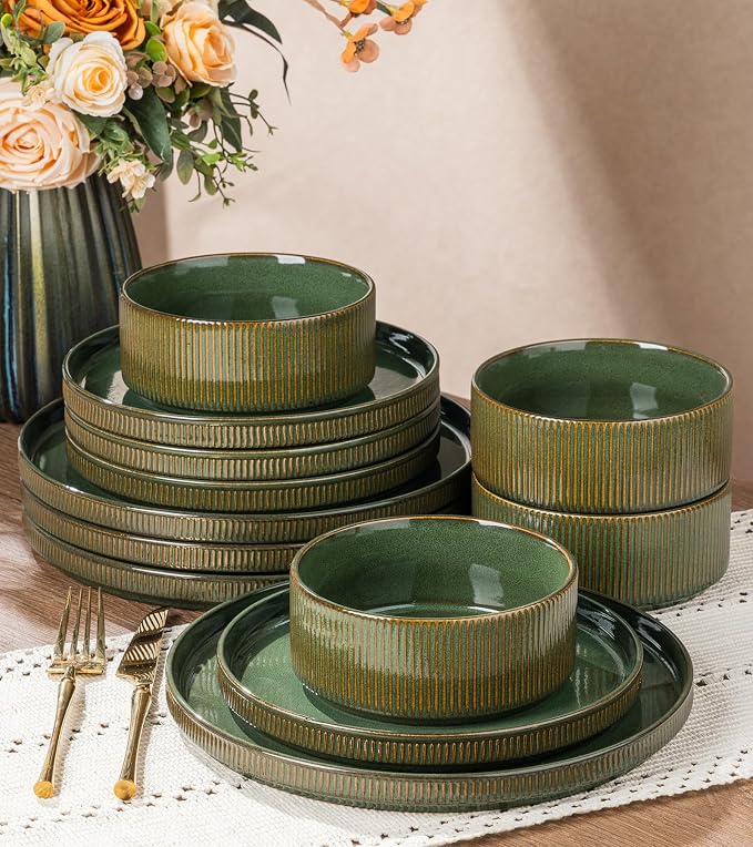 GBHOME Stoneware Dinnerware Sets for 4, 12 Pieces Plates and Bowls Set | Lightweight Ceramic Ribbed Dishes,Reactive Glaze Stackable Plate Set,Scratch Resistant,Microwave&Dishwasher Safe,Sage Green