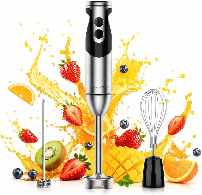 MegaWise Hand Blender, Immersion Blender Handheld 12-Speed with 80% Sharper Blades, Titanium Reinforced Stainless Steel 3-in-1 Immersion Blender,Includes Whisk and Milk Frother (3-in 1 Black)