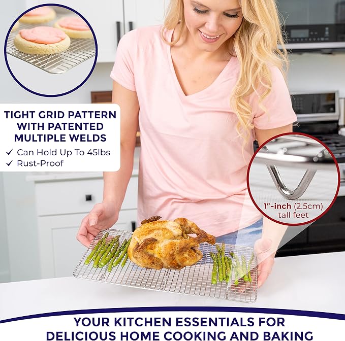 Jelly Roll Cooling Rack Stainless Steel Oven Safe Set of 2 | Fits standard 10x15 jelly roll pans for grilling, broiling, drying and draining grease while baking