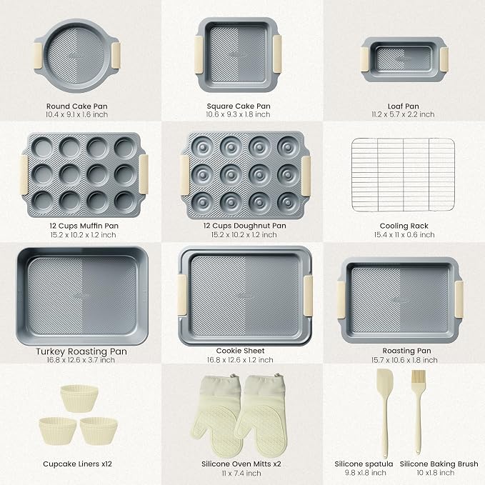 Kikcoin 25-Piece Nonstick Baking Pans Set with Large Turkey Roasting Pan, Stackable Bakeware Set, 450°F Oven Safe Baking Sheet Set with Silicone Handles, Carbon Steel Cookie Sheets for Baking, Cream