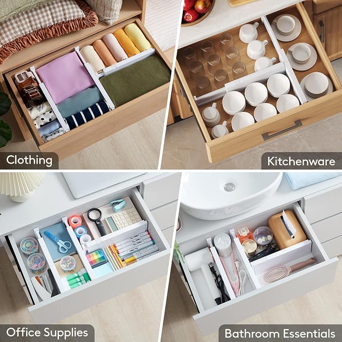 Lifewit 4" High Upgrade Drawer Divider, Adjustable Drawer Organizer Clothes | 12 Pack 11-17" Expandable White Plastic Drawer Separator for Dresser, Kitchen, Closet, Nursery, Office Organization & Storage