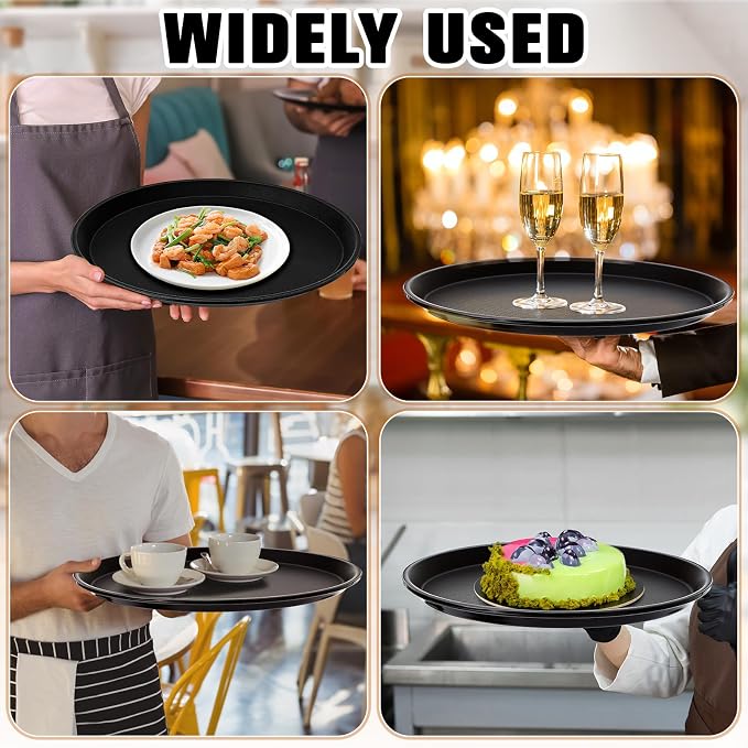 Zopeal 4 Pcs Bar Service Tray Round Plastic Non Slip,16" | For Waiter Server in Restaurant Cafeteria Bar, Raised Edges Prevent Spills, Cocktail Food Server, Textured Surface Grip