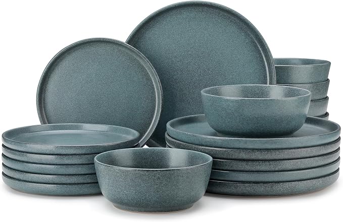 vancasso ZERMATT 18 Pieces Stoneware Dinnerware, Plates and Bowls Set for 6 | Dinnerware Set for 6 in Smoky Teal Reactive Glaze Stoneware, Kitchen Dinner Set, Microwave and Dishwasher Safe