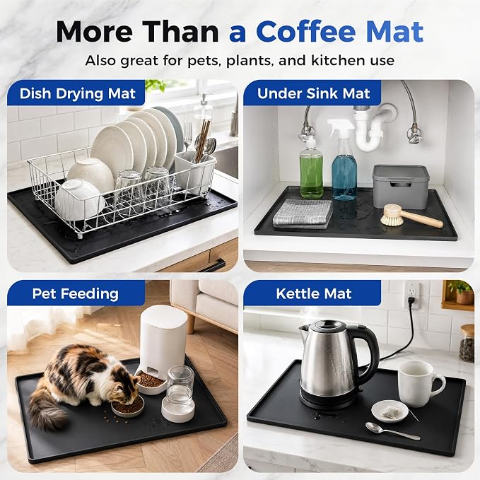 Golener Coffee Bar Mat, Silicone Coffee Mat with Raised Edges, 24"x16" | Coffee Mat for Countertop, Waterproof Coffee Station Mat, Dish Drying Mat Under Rack, Heat Resistant Coffee Machine Mat,Black