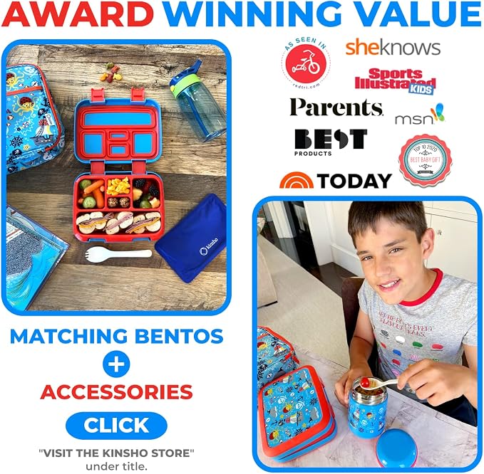 kinsho kids Bento Lunch Box Set with Thermo, Bag & Ice Pack, Blue Pirates | 5 Compartments, Removable Tray, Small Meal Snack Container for Boys Toddlers, Daycare Pre-School Kindergarten, Steel Food Jar