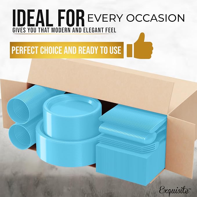 350 Pcs Light Blue Plastic Plates For Party, Light Blue Disposable Plates Set, 50 Of Each 9" Dinner Plate Set, 7" Dessert Plate, Cups, Napkins & Cutlery Plastic Dinnerware Set Exquisite