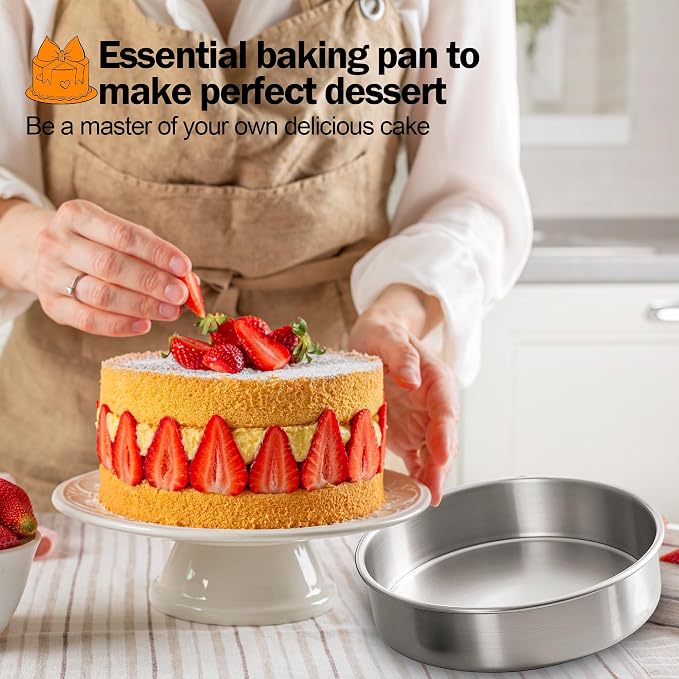 8 Inch Cake Pan Set of 2, Food-Grade Stainless Steel Round Baking Pans | No Coating Cake Pan for Layer Cakes, Heavy Duty, One-Piece Design Warp-Resistant, Non-Toxic, Dishwasher Safe