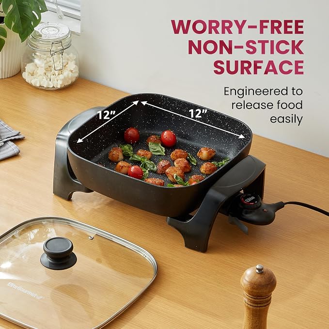 Elite Gourmet EG6201 Non-Stick Electric Skillet, 12"x12" 7.5Qt, Black | Scratch-Resistant, Dishwasher-Safe Design - Glass Vented Lid - Adjustable Temperature for Family Meals - Extra-Deep 3.2"