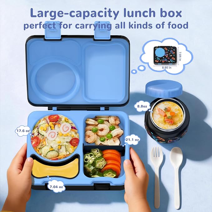 Bento Lunch Box for Kids Adult, Leakproof 3-4 Compartment Bento Box Set with Insulated Food Jar,Water Bottle, Lunch Bag, School Lunch Container for Toddler Teen Girls Boys Ages 3+(Game)