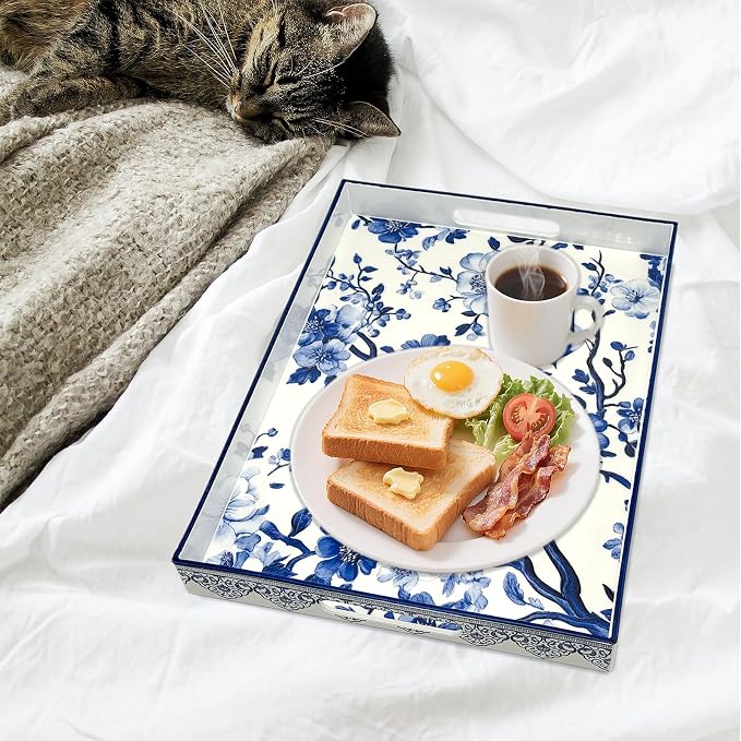 Serving Tray with Handles, 15.7 * 11.8 inches, Plastic Ottoman Tray with Exquisite Paintings, Trays for Coffee Table