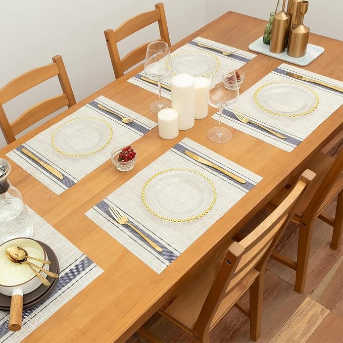 Khaki-Blue Placemats Set of 4, 12x18 Inch Heat Resistant Non-Slip Washable Durable Table Placemats for Holiday Party Kitchen Dining Room Decoration
