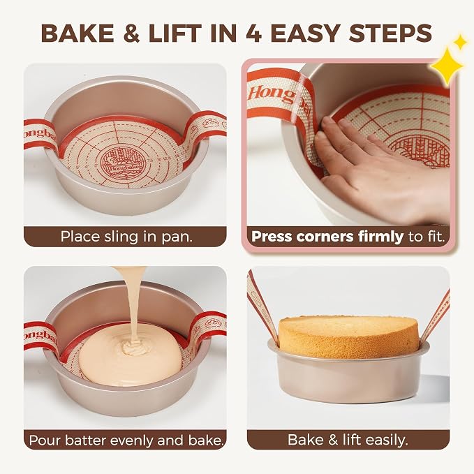 8 Inch Round Cake Pan Set for Baking with 2 Pcs Silicone Baking Sling Mats, Nonstick Circle Cake Pans Set of 2, 2.5" Deeper Layer Cake Tin for Oven, Cheesecake Mold, Huty Duty, Golden