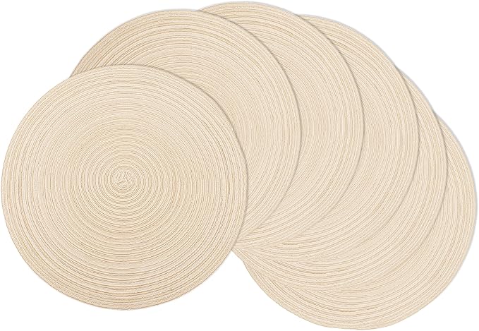MIAOMIAO Round Placemats Set of 6 Woven Braided Place Mats(Beige) | 14.5 Inch Cotton Polyester Braided Dining Table Decor Mats Protecting Your Table from Spills & Stains Heat Resistant